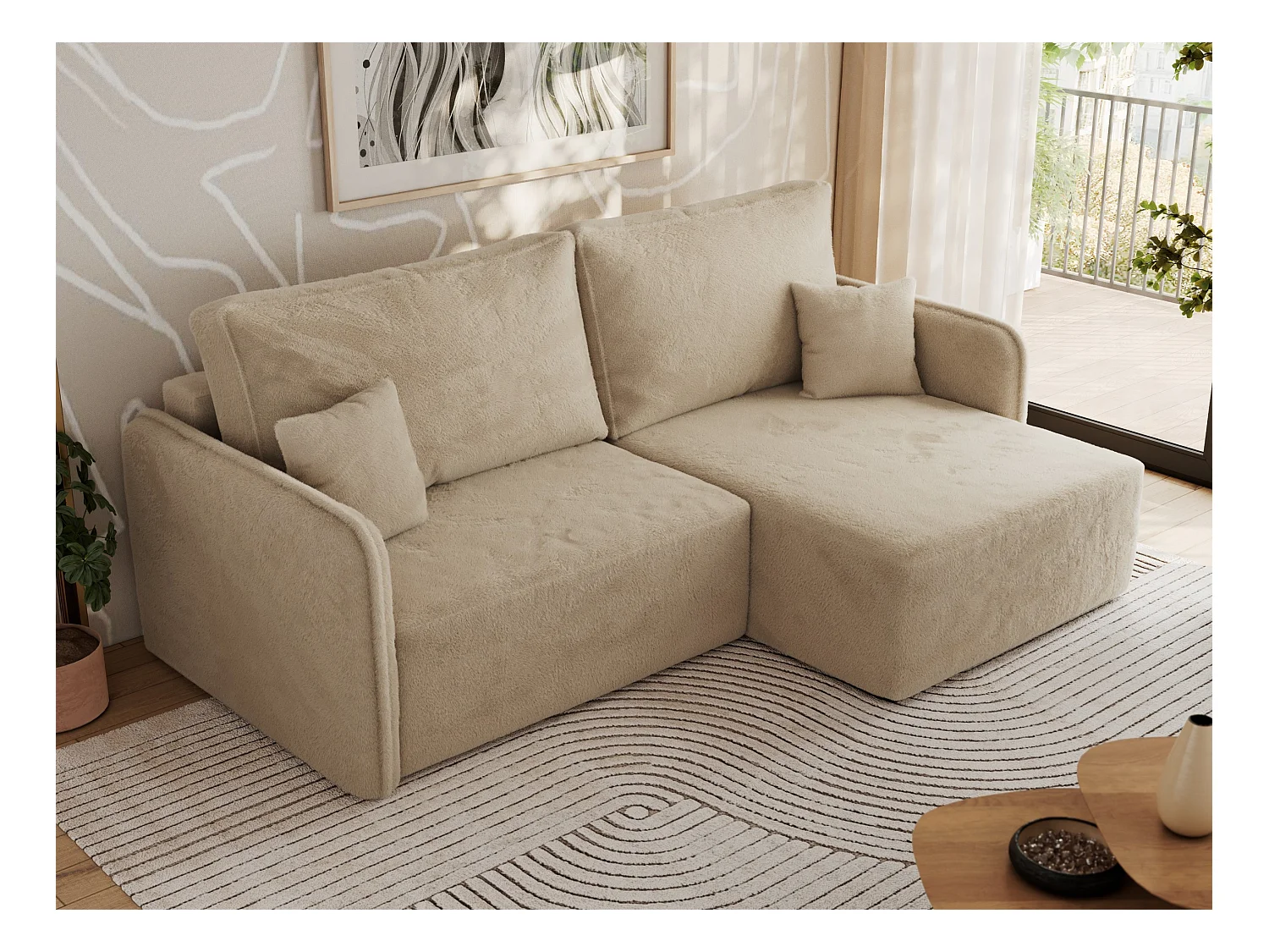 Ecksofa MESTO - Schlaffunktion und Bettkasten, L-form Couch für das Wohnzimmer, Armlehnen - Beige Plüsch - Ecke Rechts
