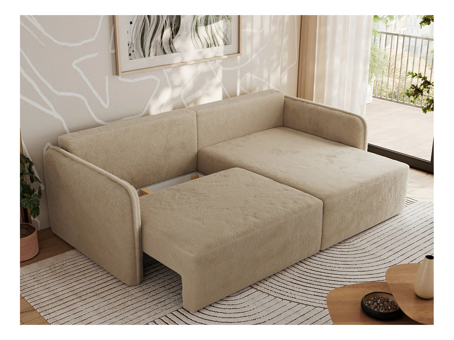 Ecksofa MESTO - Schlaffunktion und Bettkasten, L-form Couch für das Wohnzimmer, Armlehnen - Beige Plüsch - Ecke Rechts