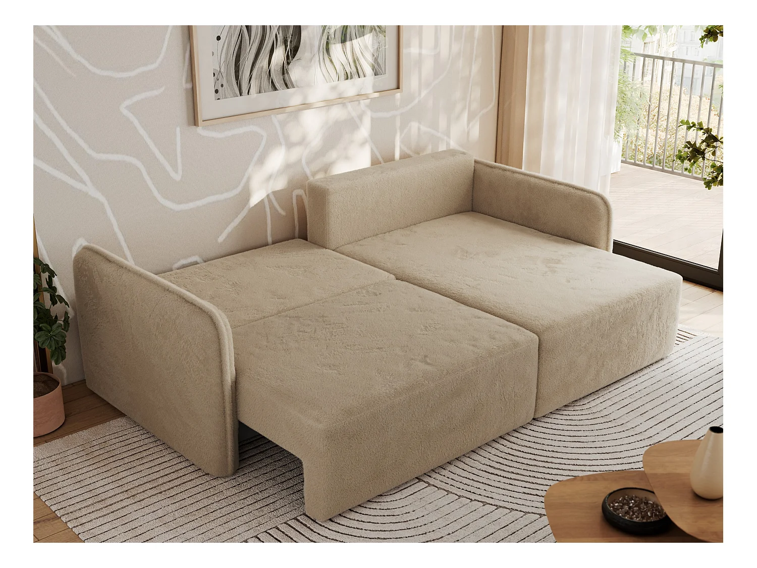 Ecksofa MESTO - Schlaffunktion und Bettkasten, L-form Couch für das Wohnzimmer, Armlehnen - Beige Plüsch - Ecke Rechts
