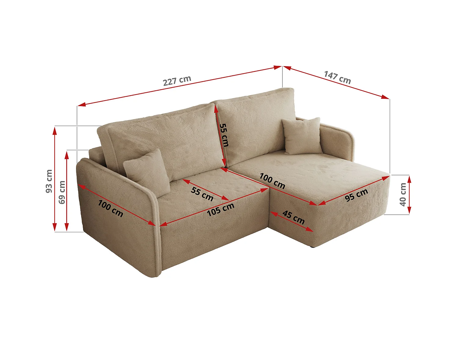 Ecksofa MESTO - Schlaffunktion und Bettkasten, L-form Couch für das Wohnzimmer, Armlehnen - Beige Plüsch - Ecke Rechts