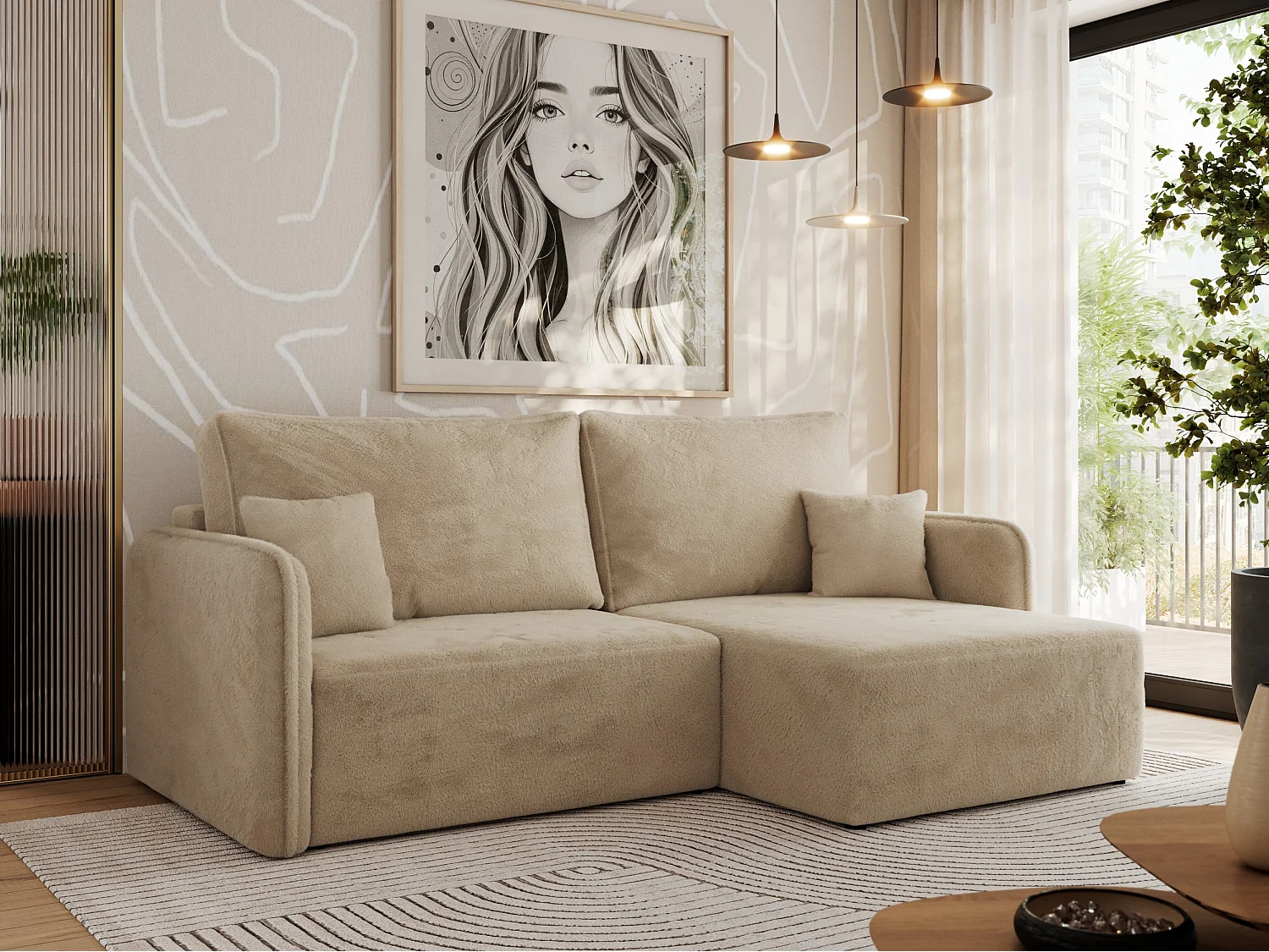 Ecksofa MESTO - Schlaffunktion und Bettkasten, L-form Couch für das Wohnzimmer, Armlehnen - Beige Plüsch - Ecke Rechts