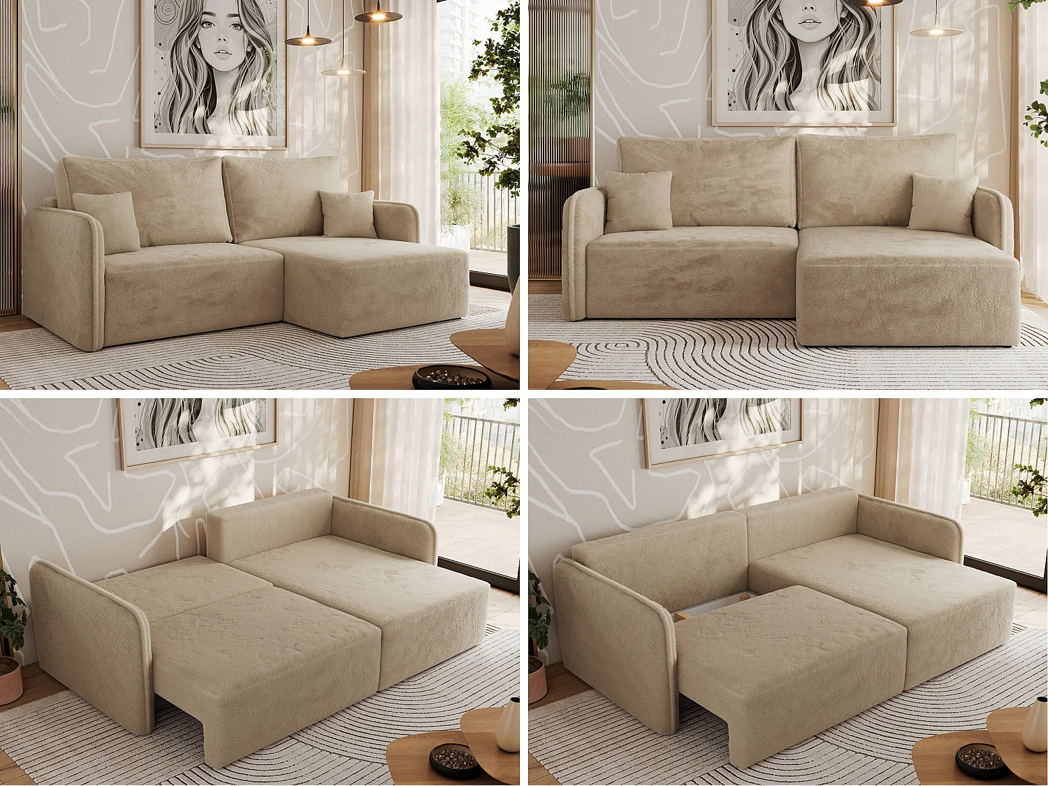 Ecksofa MESTO - Schlaffunktion und Bettkasten, L-form Couch für das Wohnzimmer, Armlehnen - Beige Plüsch - Ecke Rechts