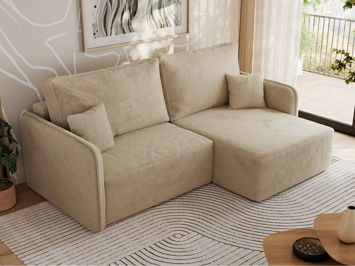 Ecksofa MESTO - Schlaffunktion und Bettkasten, L-form Couch für das Wohnzimmer, Armlehnen - Beige Plüsch - Ecke Rechts