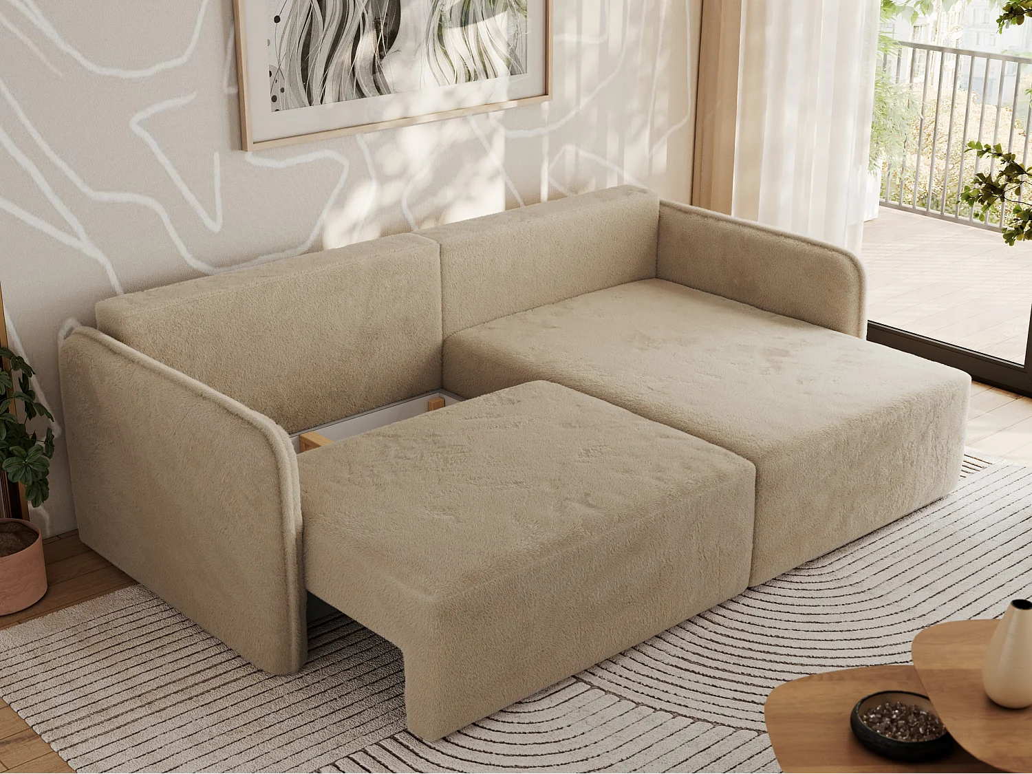 Ecksofa MESTO - Schlaffunktion und Bettkasten, L-form Couch für das Wohnzimmer, Armlehnen - Beige Plüsch - Ecke Rechts