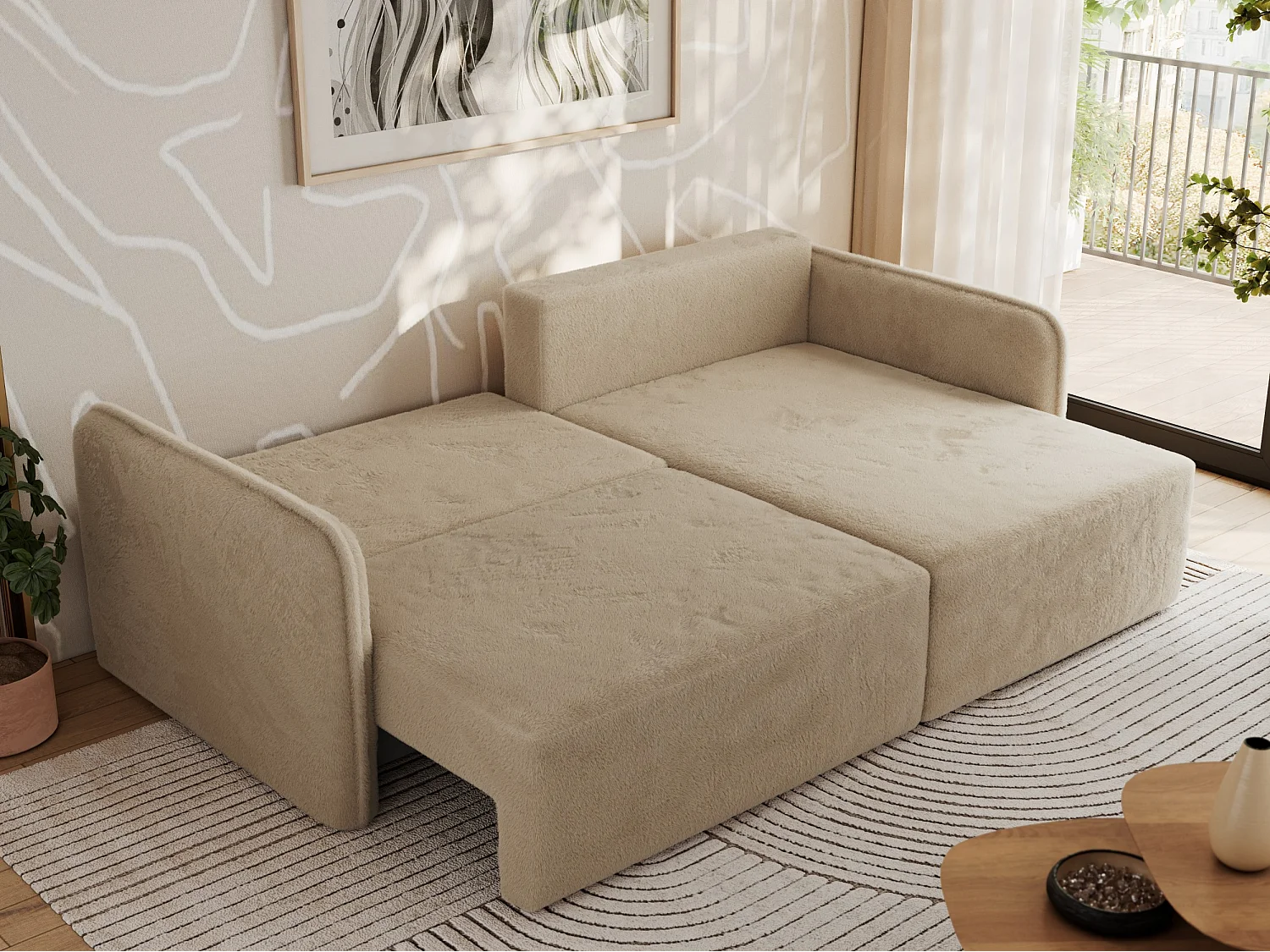 Ecksofa MESTO - Schlaffunktion und Bettkasten, L-form Couch für das Wohnzimmer, Armlehnen - Beige Plüsch - Ecke Rechts