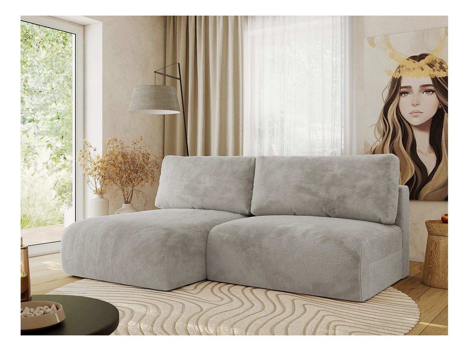 Ecksofa VIVO - L-form Couch mit Schlaffunktion und Bettkasten, Wellenfeder - Hellgrau Plüsch - Ecke Links