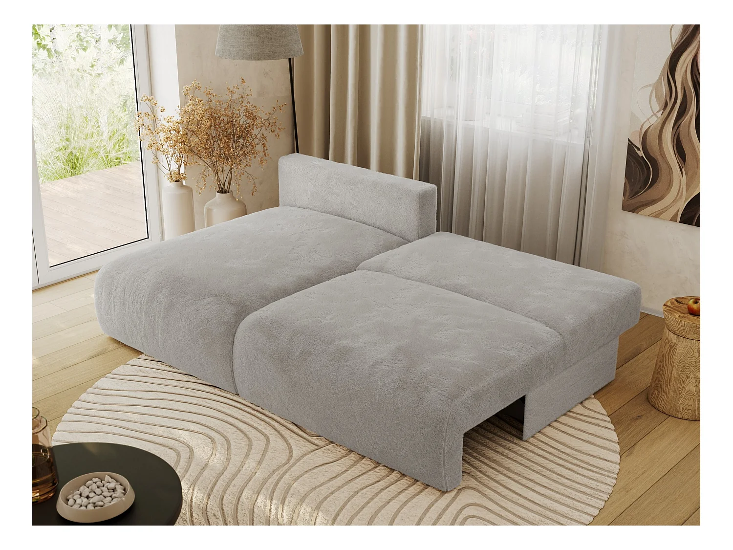 Ecksofa VIVO - L-form Couch mit Schlaffunktion und Bettkasten, Wellenfeder - Hellgrau Plüsch - Ecke Links