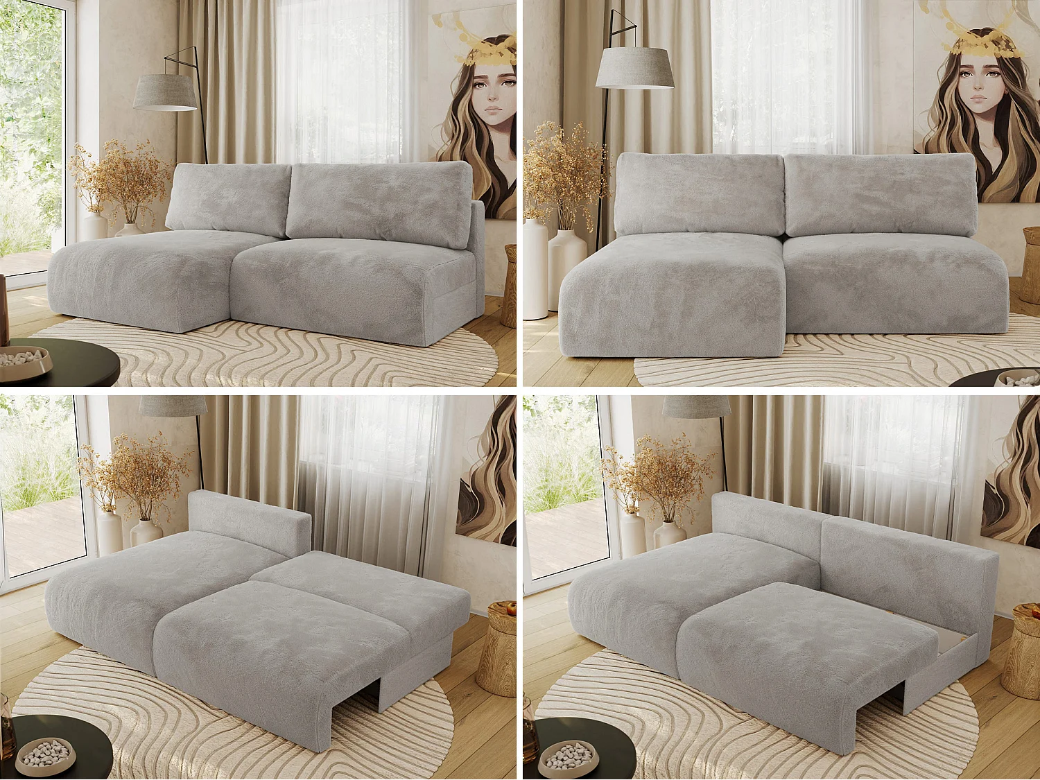 Ecksofa VIVO - L-form Couch mit Schlaffunktion und Bettkasten, Wellenfeder - Hellgrau Plüsch - Ecke Links