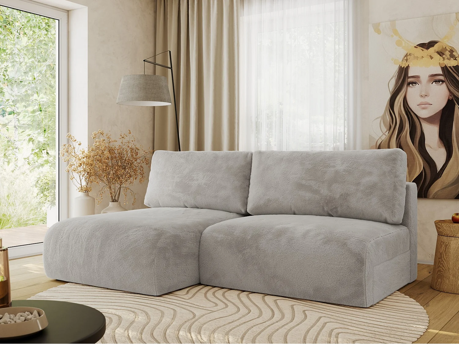 Ecksofa VIVO - L-form Couch mit Schlaffunktion und Bettkasten, Wellenfeder - Hellgrau Plüsch - Ecke Links