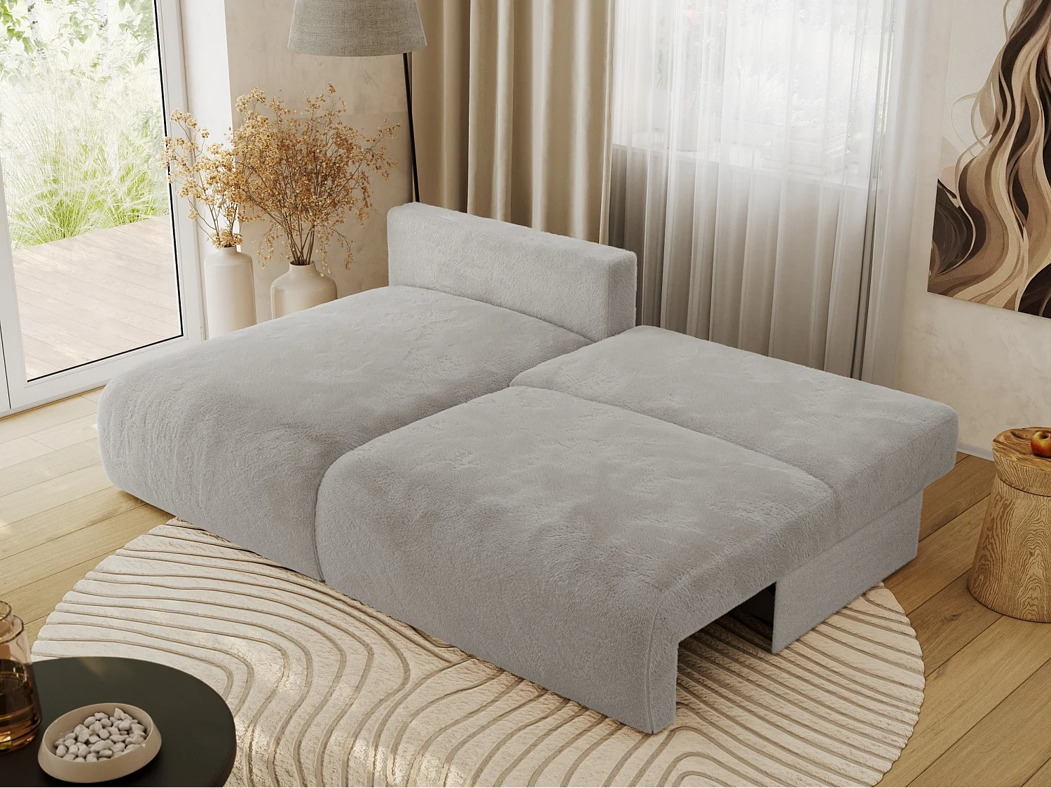 Ecksofa VIVO - L-form Couch mit Schlaffunktion und Bettkasten, Wellenfeder - Hellgrau Plüsch - Ecke Links