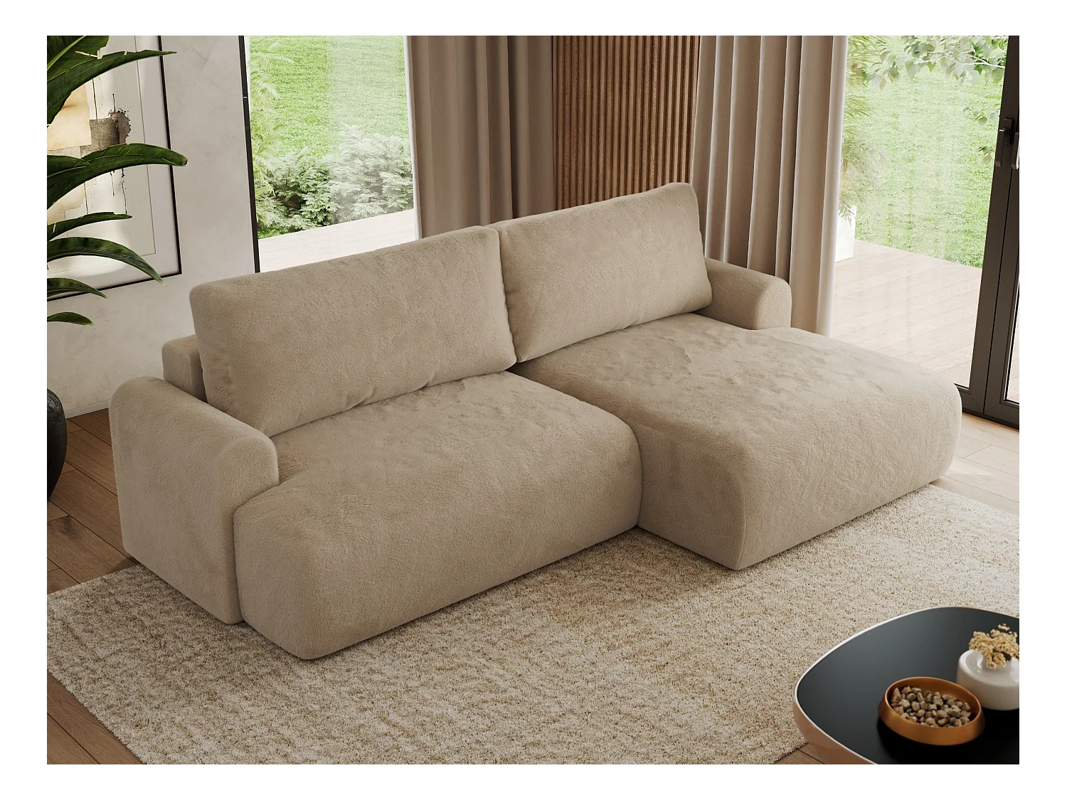 Ecksofa TONO - mit Schlaffunktion und Bettkasten, L-form Ecke, Armlehnen - Beige Plüsch - Ecke Rechts