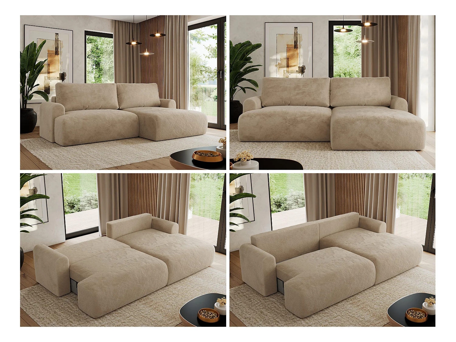 Ecksofa TONO - mit Schlaffunktion und Bettkasten, L-form Ecke, Armlehnen - Beige Plüsch - Ecke Rechts