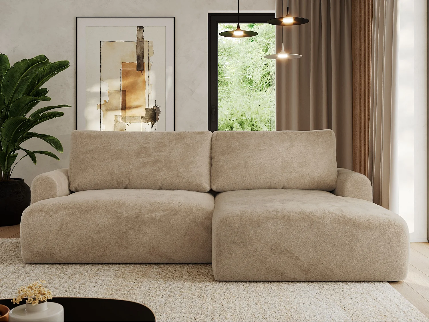 Ecksofa TONO - mit Schlaffunktion und Bettkasten, L-form Ecke, Armlehnen - Beige Plüsch - Ecke Rechts