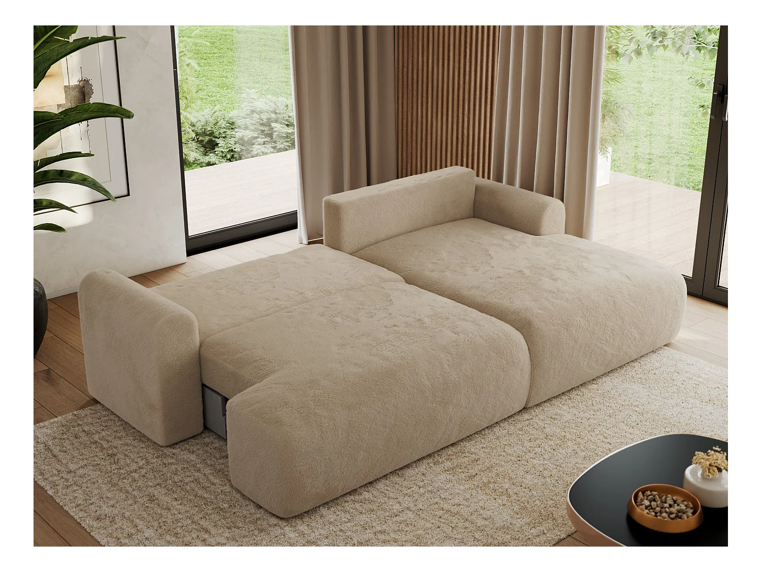 Ecksofa TONO - mit Schlaffunktion und Bettkasten, L-form Ecke, Armlehnen - Beige Plüsch - Ecke Rechts