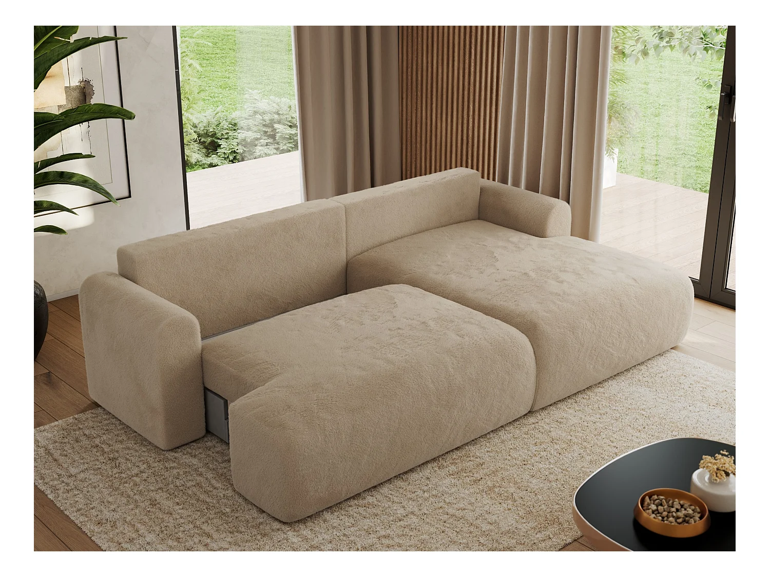 Ecksofa TONO - mit Schlaffunktion und Bettkasten, L-form Ecke, Armlehnen - Beige Plüsch - Ecke Rechts