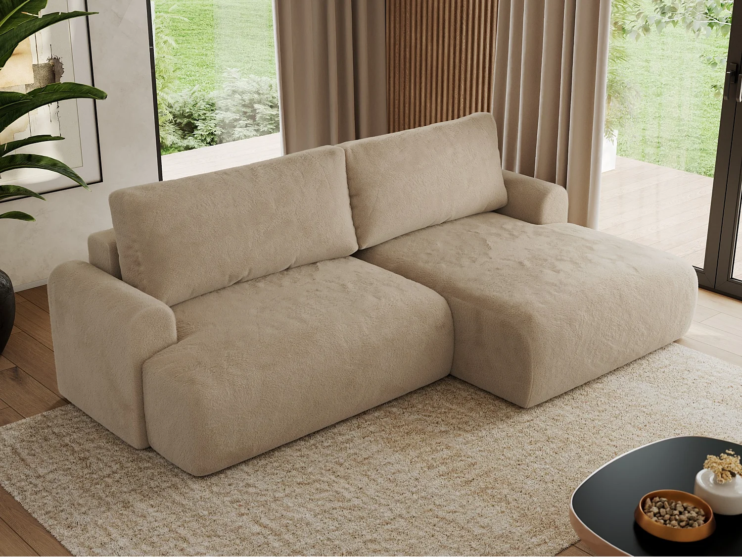 Ecksofa TONO - mit Schlaffunktion und Bettkasten, L-form Ecke, Armlehnen - Beige Plüsch - Ecke Rechts