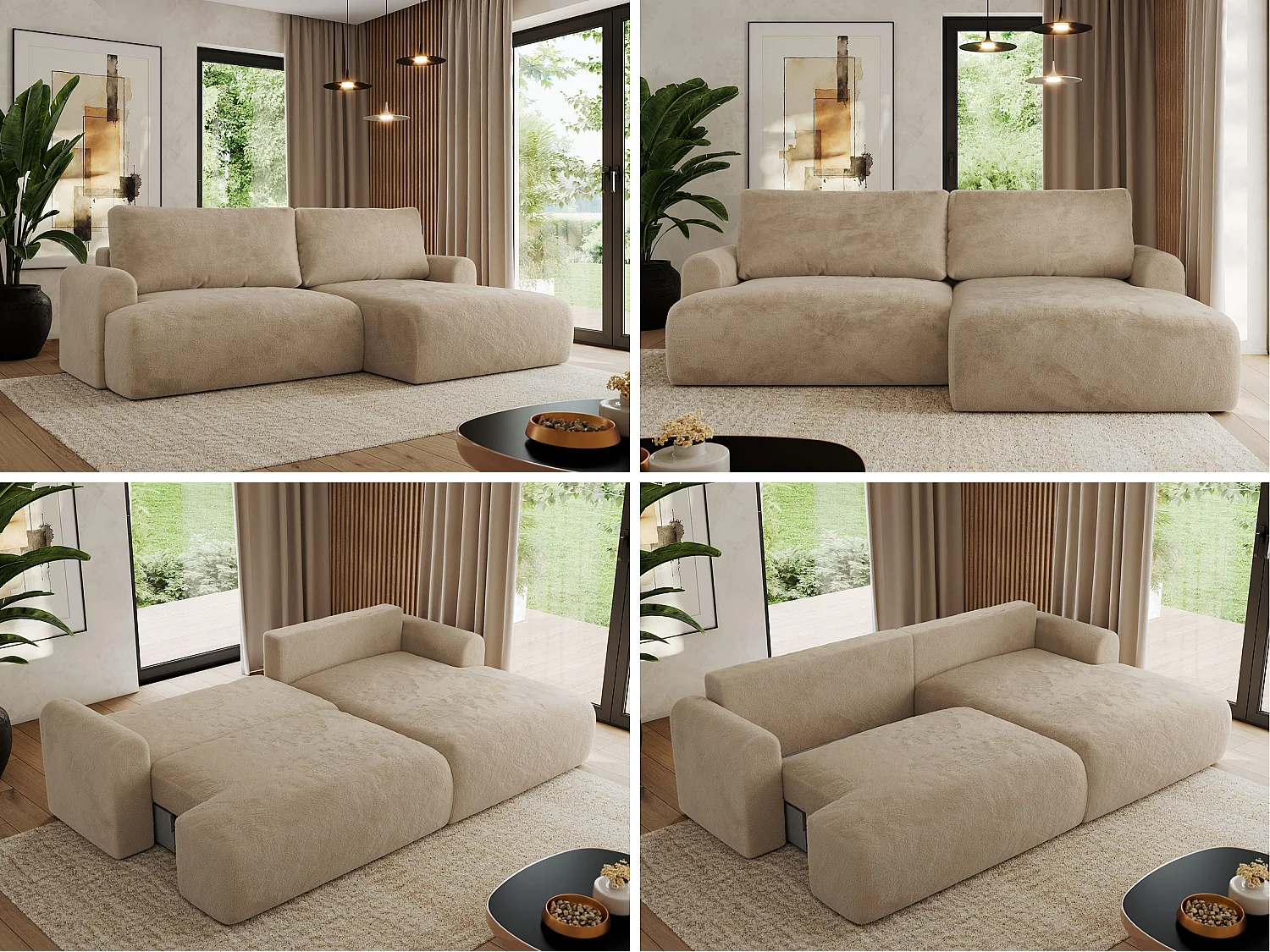 Ecksofa TONO - mit Schlaffunktion und Bettkasten, L-form Ecke, Armlehnen - Beige Plüsch - Ecke Rechts