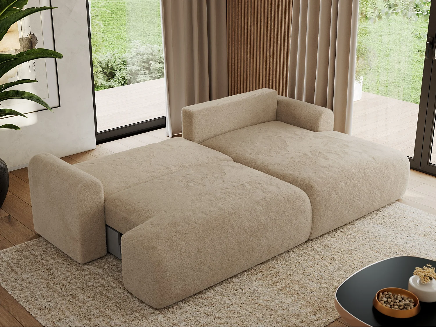 Ecksofa TONO - mit Schlaffunktion und Bettkasten, L-form Ecke, Armlehnen - Beige Plüsch - Ecke Rechts