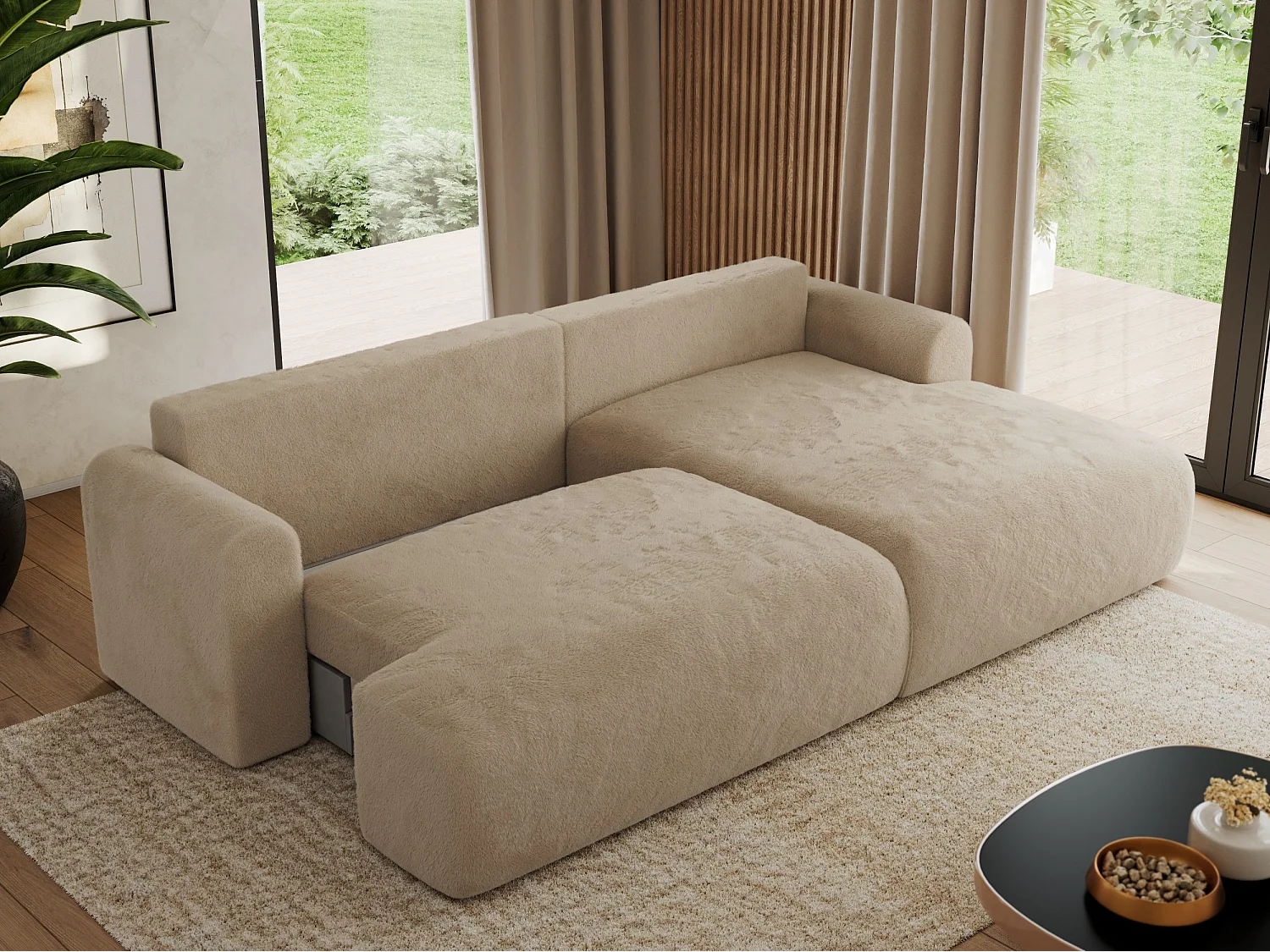 Ecksofa TONO - mit Schlaffunktion und Bettkasten, L-form Ecke, Armlehnen - Beige Plüsch - Ecke Rechts