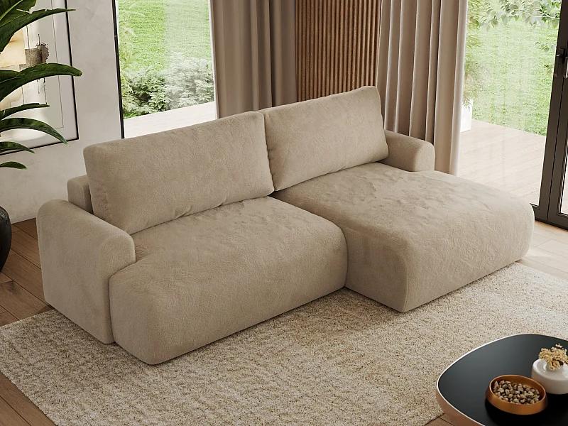 Ecksofa TONO - mit Schlaffunktion und Bettkasten, L-form Ecke, Armlehnen - Beige Plüsch - Ecke Rechts