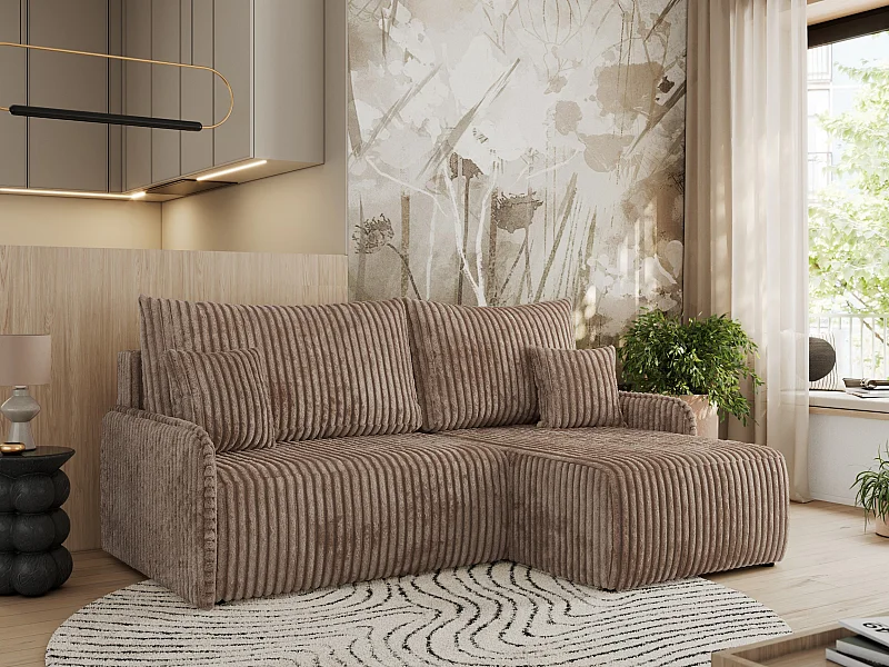 Ecksofa ARPA - L-form Schlaffsofa, Bettkasten und lose Kissen, Armlehnen - Braun Cord - Ecke Rechts