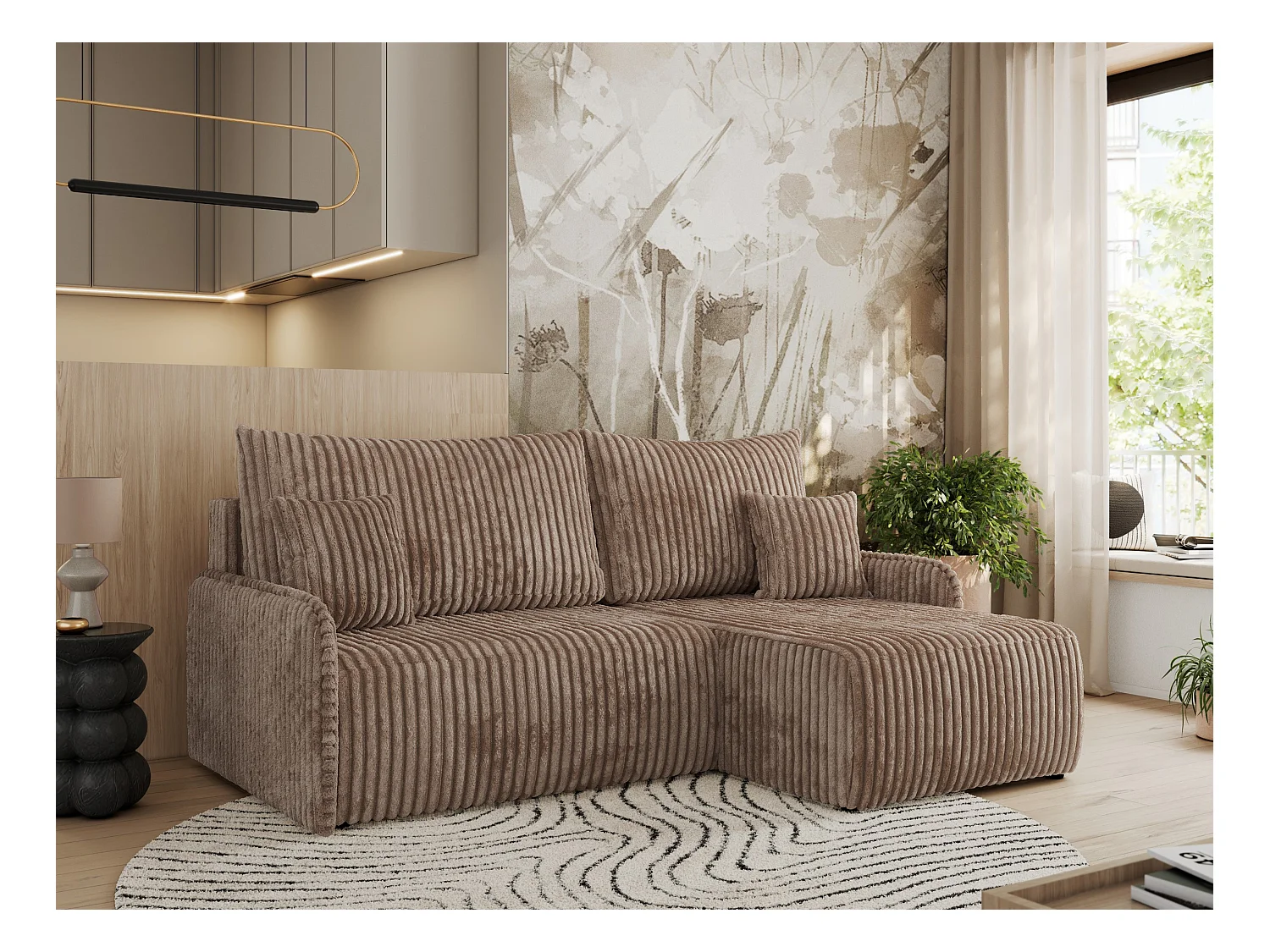 Ecksofa ARPA - L-form Schlaffsofa, Bettkasten und lose Kissen, Armlehnen - Braun Cord - Ecke Rechts