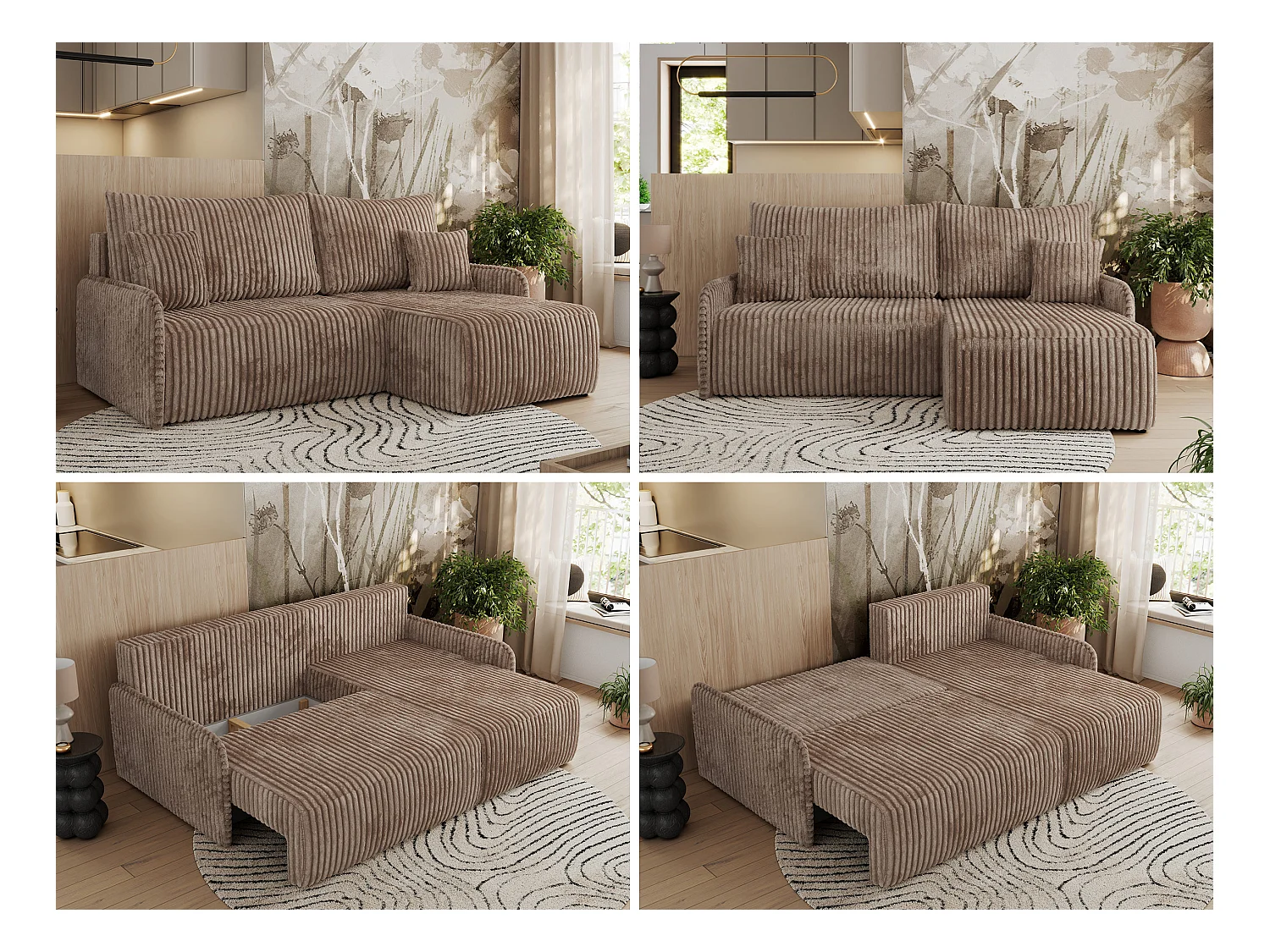Ecksofa ARPA - L-form Schlaffsofa, Bettkasten und lose Kissen, Armlehnen - Braun Cord - Ecke Rechts