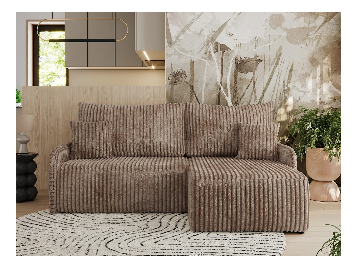 Ecksofa ARPA - L-form Schlaffsofa, Bettkasten und lose Kissen, Armlehnen - Braun Cord - Ecke Rechts