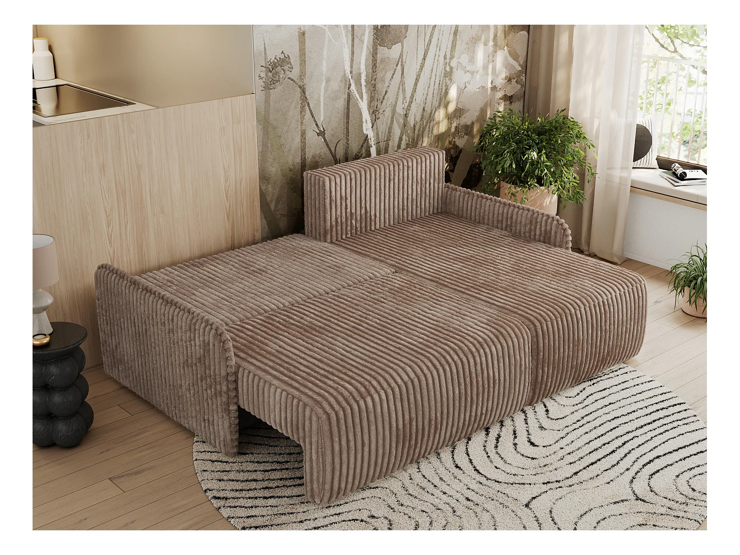 Ecksofa ARPA - L-form Schlaffsofa, Bettkasten und lose Kissen, Armlehnen - Braun Cord - Ecke Rechts