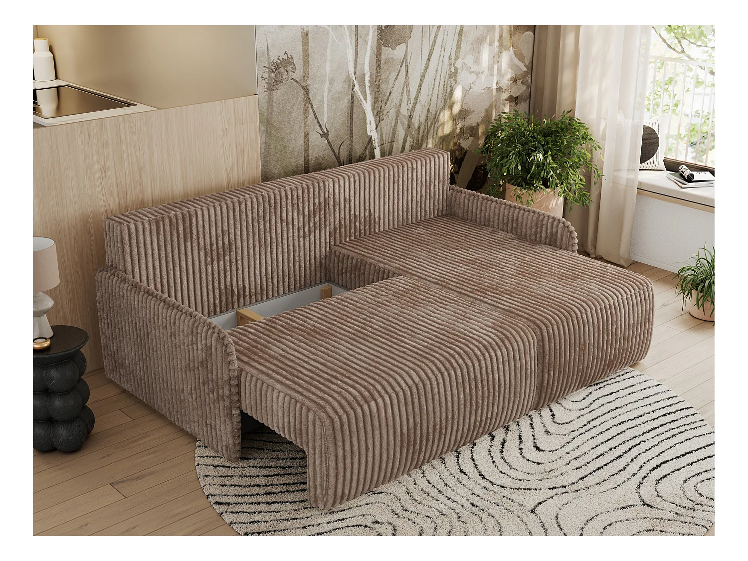 Ecksofa ARPA - L-form Schlaffsofa, Bettkasten und lose Kissen, Armlehnen - Braun Cord - Ecke Rechts