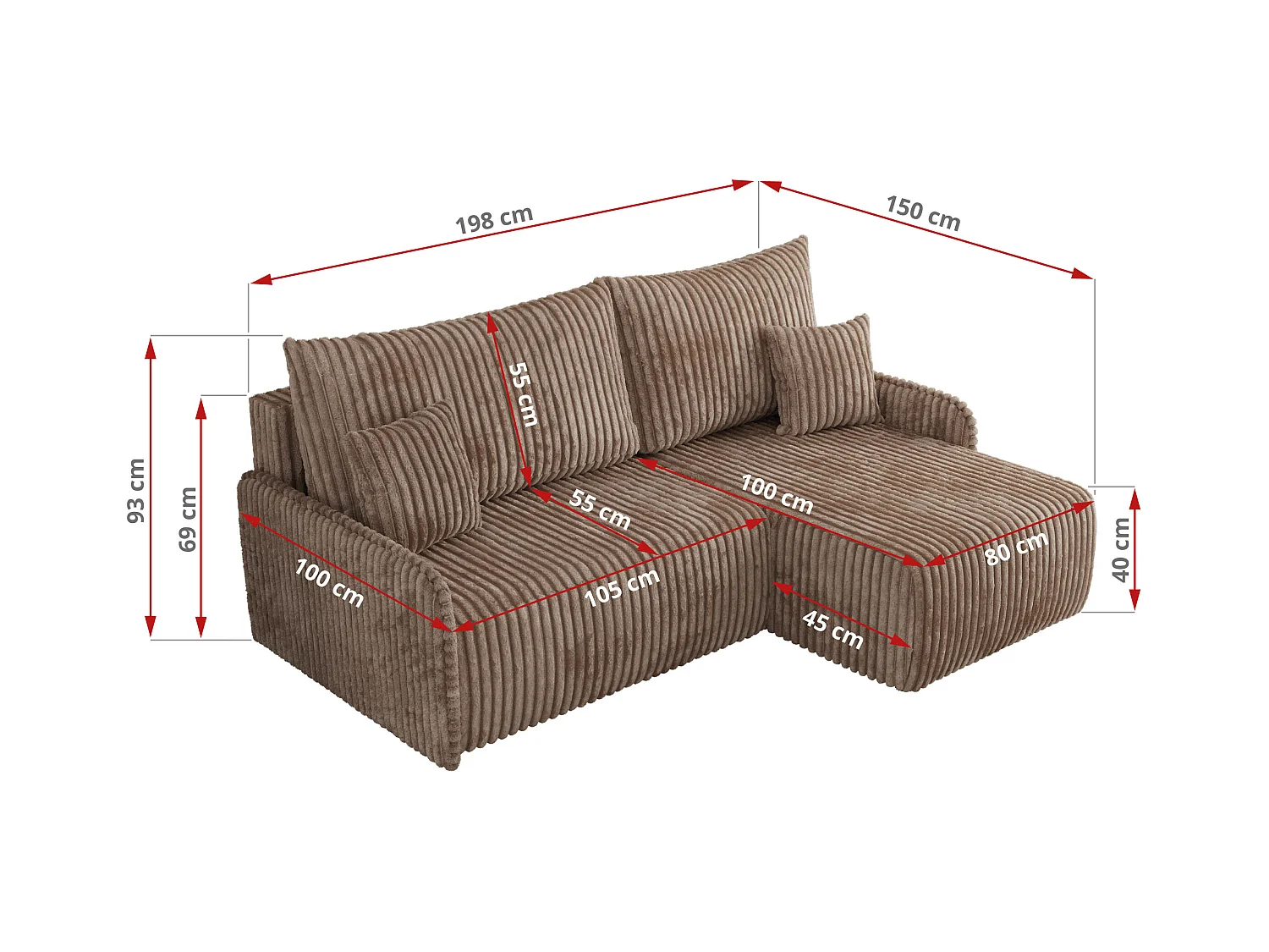 Ecksofa ARPA - L-form Schlaffsofa, Bettkasten und lose Kissen, Armlehnen - Braun Cord - Ecke Rechts