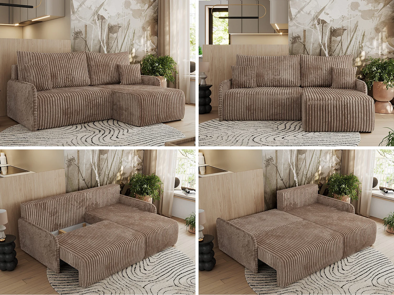Ecksofa ARPA - L-form Schlaffsofa, Bettkasten und lose Kissen, Armlehnen - Braun Cord - Ecke Rechts