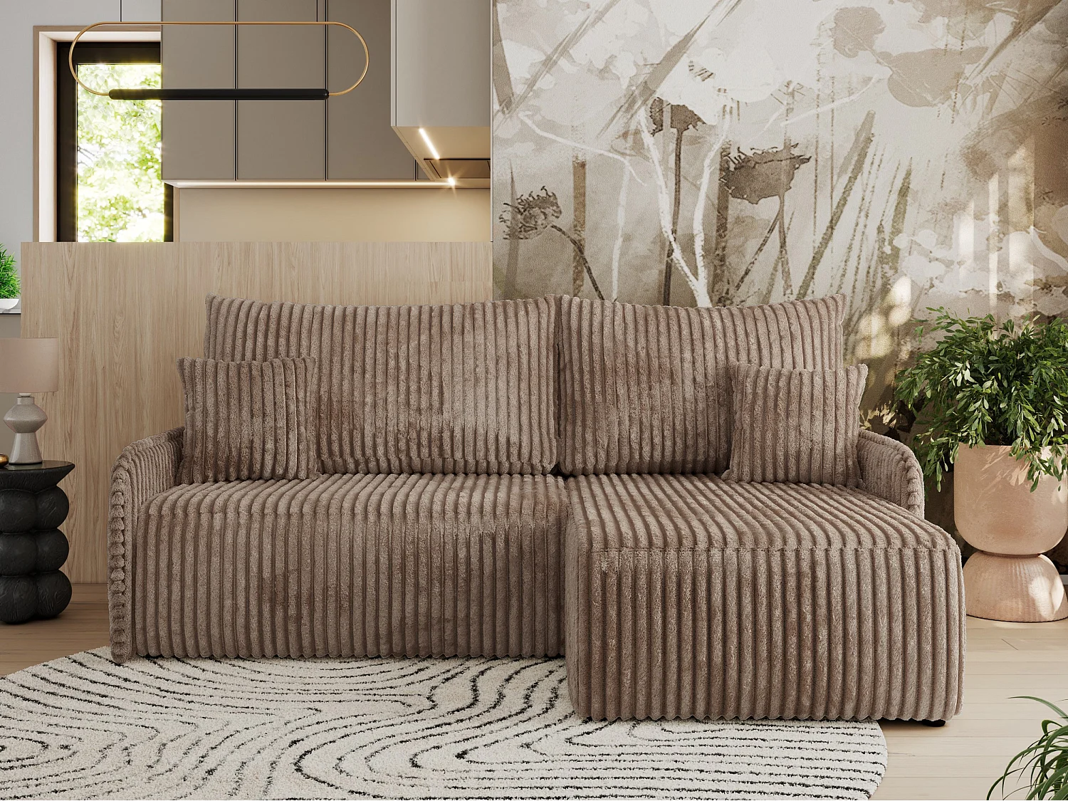 Ecksofa ARPA - L-form Schlaffsofa, Bettkasten und lose Kissen, Armlehnen - Braun Cord - Ecke Rechts