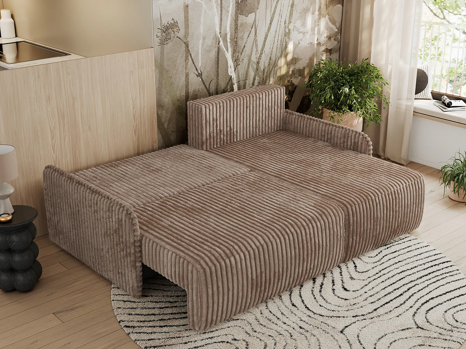 Ecksofa ARPA - L-form Schlaffsofa, Bettkasten und lose Kissen, Armlehnen - Braun Cord - Ecke Rechts