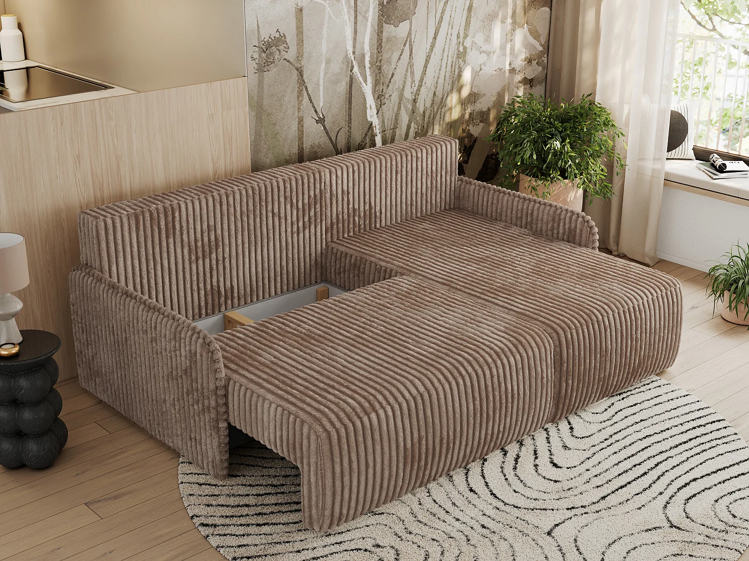 Ecksofa ARPA - L-form Schlaffsofa, Bettkasten und lose Kissen, Armlehnen - Braun Cord - Ecke Rechts