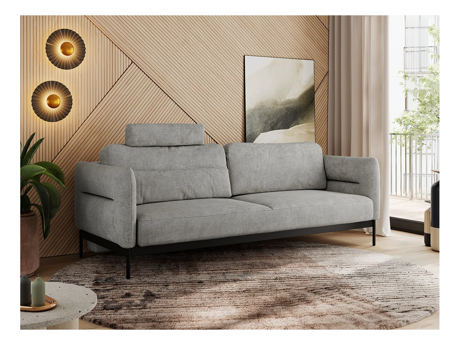 Sofa SALENTO - 3-Sitzer mit Metallbeine, mobile Kopfstütze, Schlafsofa mit lose Kissen - Hellgrau Strukture