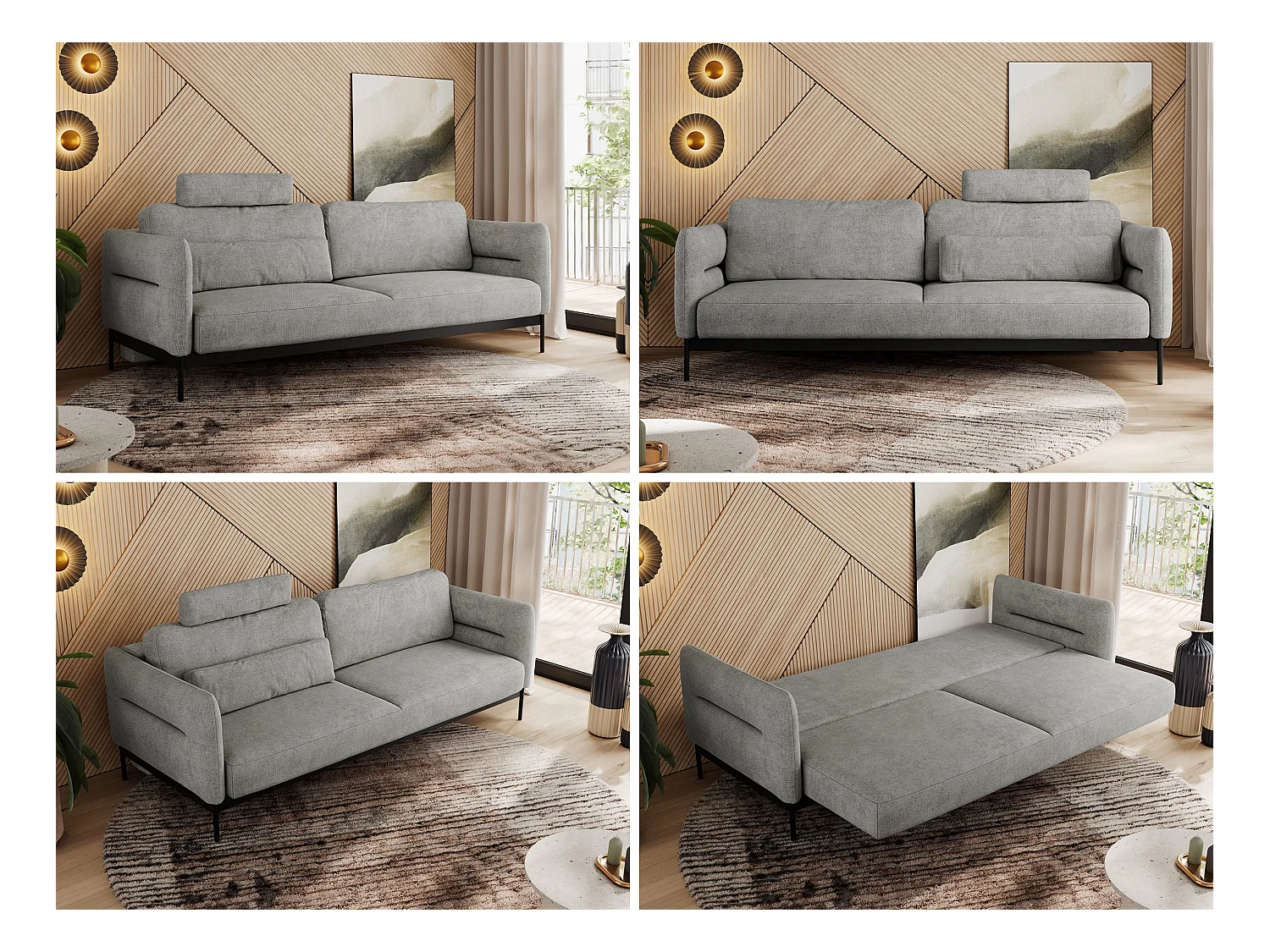 Sofa SALENTO - 3-Sitzer mit Metallbeine, mobile Kopfstütze, Schlafsofa mit lose Kissen - Hellgrau Strukture