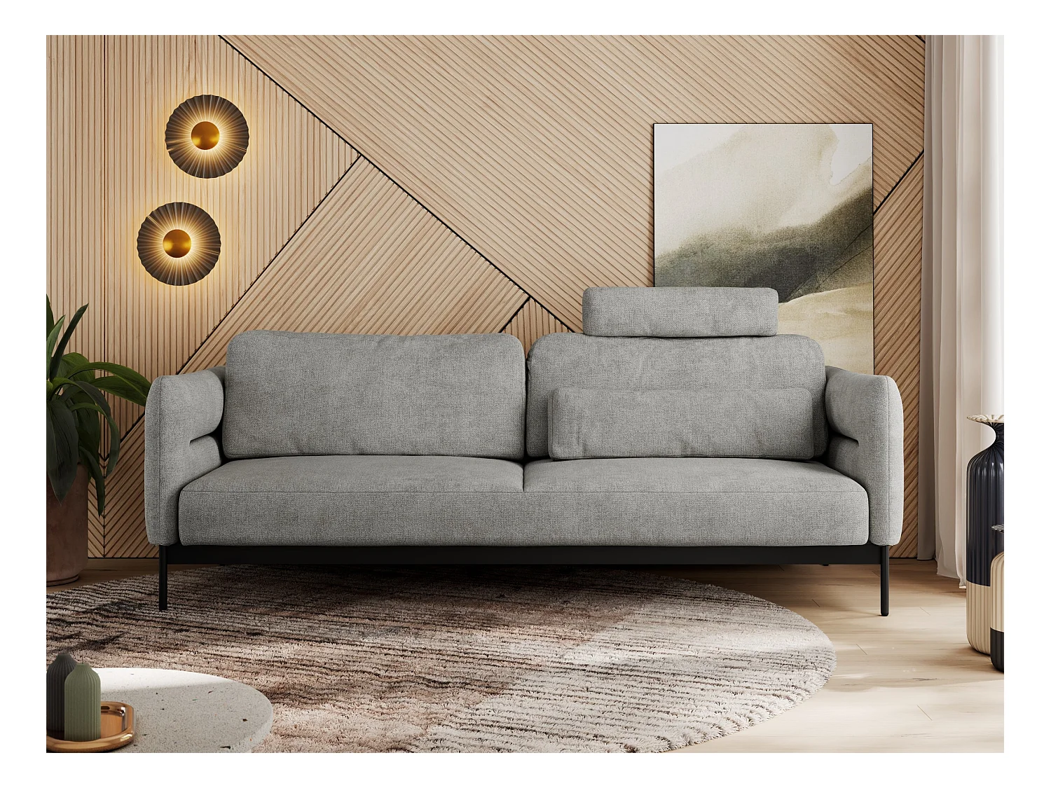 Sofa SALENTO - 3-Sitzer mit Metallbeine, mobile Kopfstütze, Schlafsofa mit lose Kissen - Hellgrau Strukture