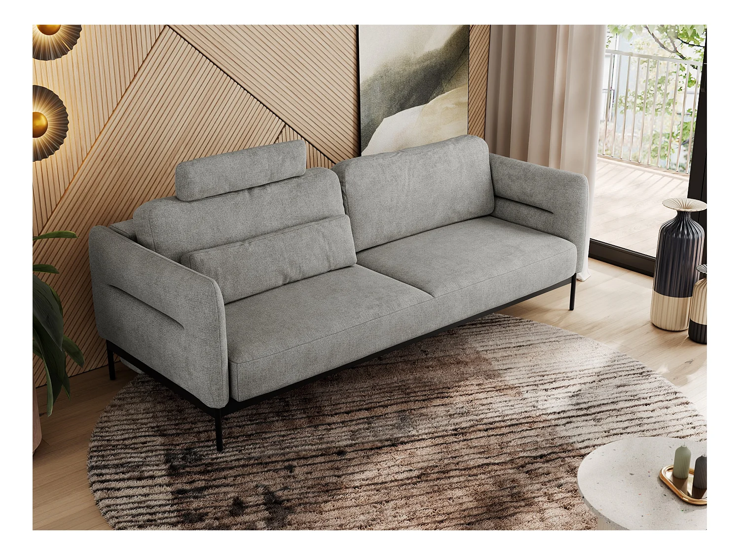 Sofa SALENTO - 3-Sitzer mit Metallbeine, mobile Kopfstütze, Schlafsofa mit lose Kissen - Hellgrau Strukture