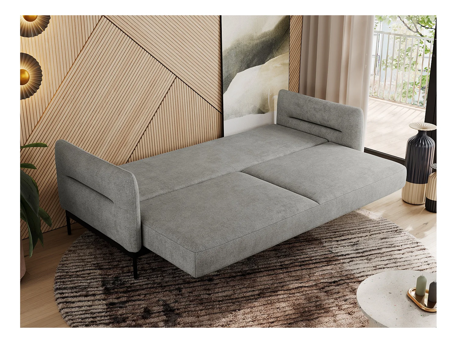 Sofa SALENTO - 3-Sitzer mit Metallbeine, mobile Kopfstütze, Schlafsofa mit lose Kissen - Hellgrau Strukture