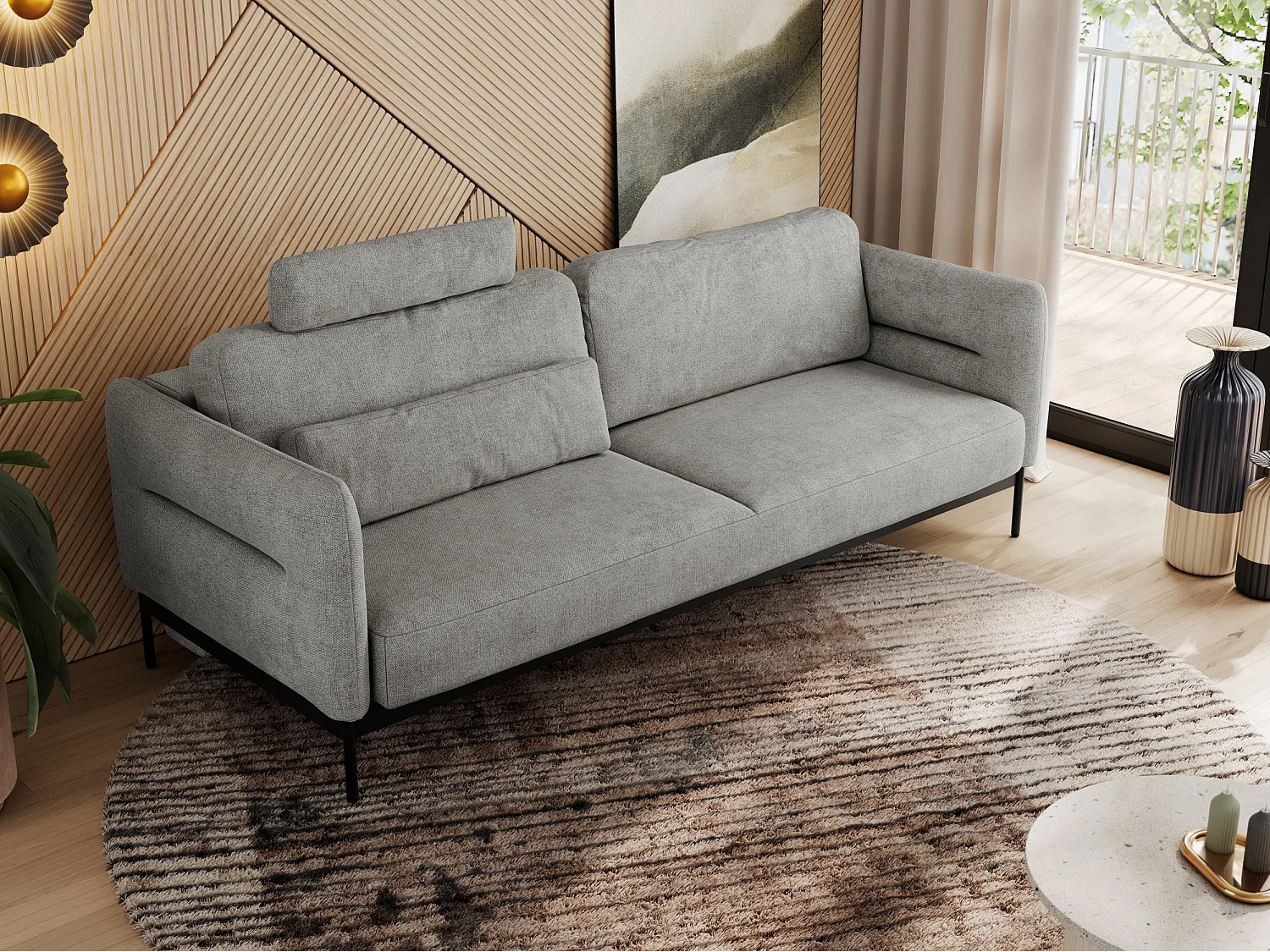 Sofa SALENTO - 3-Sitzer mit Metallbeine, mobile Kopfstütze, Schlafsofa mit lose Kissen - Hellgrau Strukture