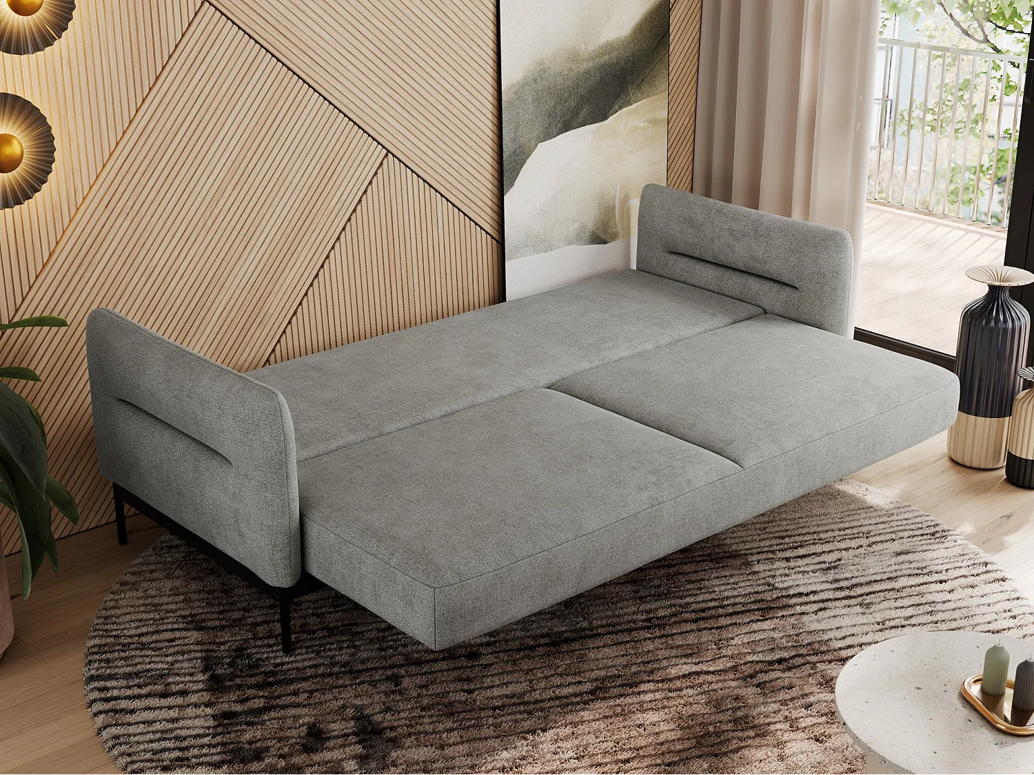 Sofa SALENTO - 3-Sitzer mit Metallbeine, mobile Kopfstütze, Schlafsofa mit lose Kissen - Hellgrau Strukture