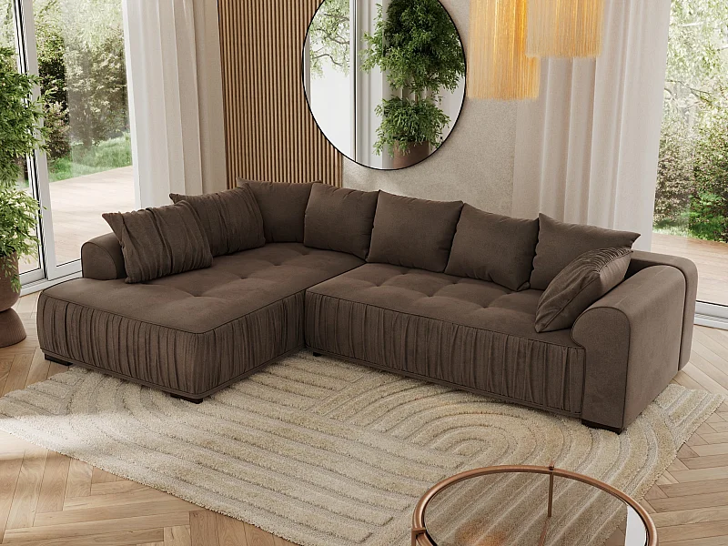 Ecksofa ORTA - Schlaffunktion und Bettkasten, lose Kissen, gesteppter Sitz, L-förmige Ecke - Braun Velvet - Ecke Links