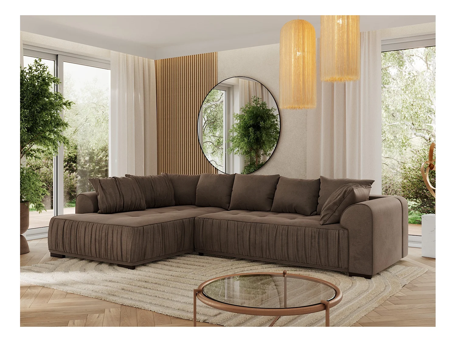 Ecksofa ORTA - Schlaffunktion und Bettkasten, lose Kissen, gesteppter Sitz, L-förmige Ecke - Braun Velvet - Ecke Links