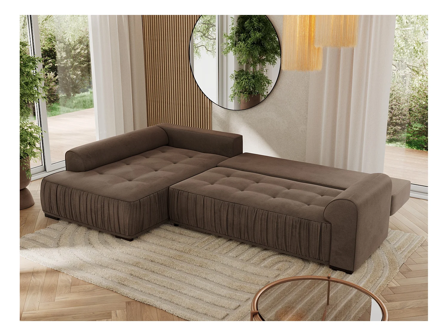 Ecksofa ORTA - Schlaffunktion und Bettkasten, lose Kissen, gesteppter Sitz, L-förmige Ecke - Braun Velvet - Ecke Links