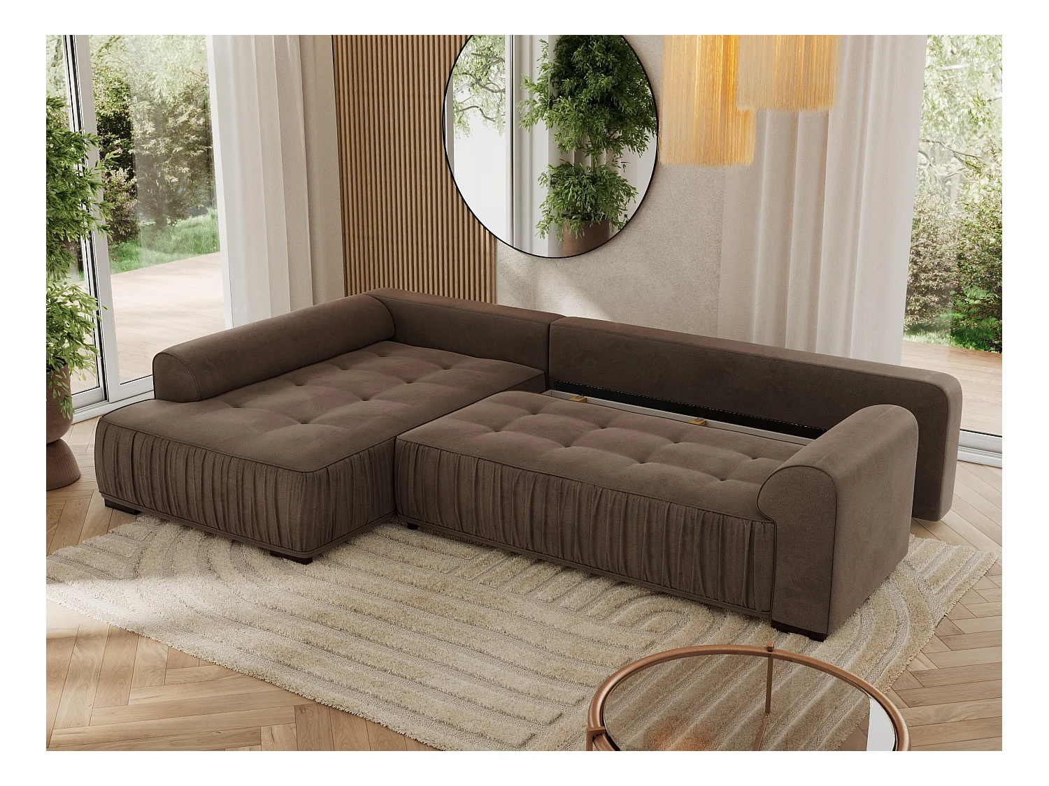 Ecksofa ORTA - Schlaffunktion und Bettkasten, lose Kissen, gesteppter Sitz, L-förmige Ecke - Braun Velvet - Ecke Links
