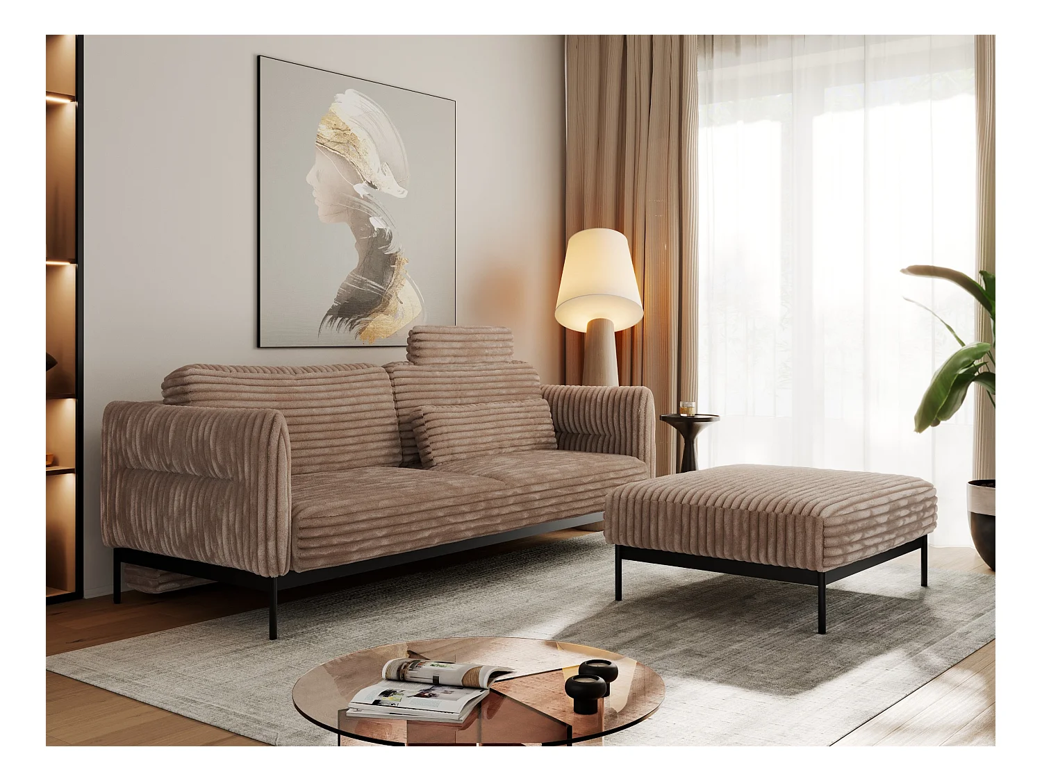 Ecksofa SALENTO - mit Metallbeine, Schlafsofa, mobilen Fußhocker, lose Kissen - Braun Cord