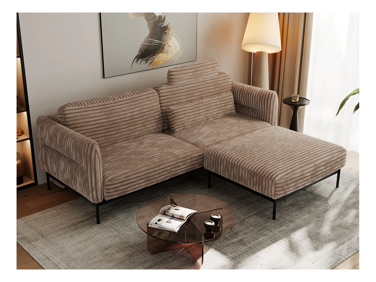 Ecksofa SALENTO - mit Metallbeine, Schlafsofa, mobilen Fußhocker, lose Kissen - Braun Cord