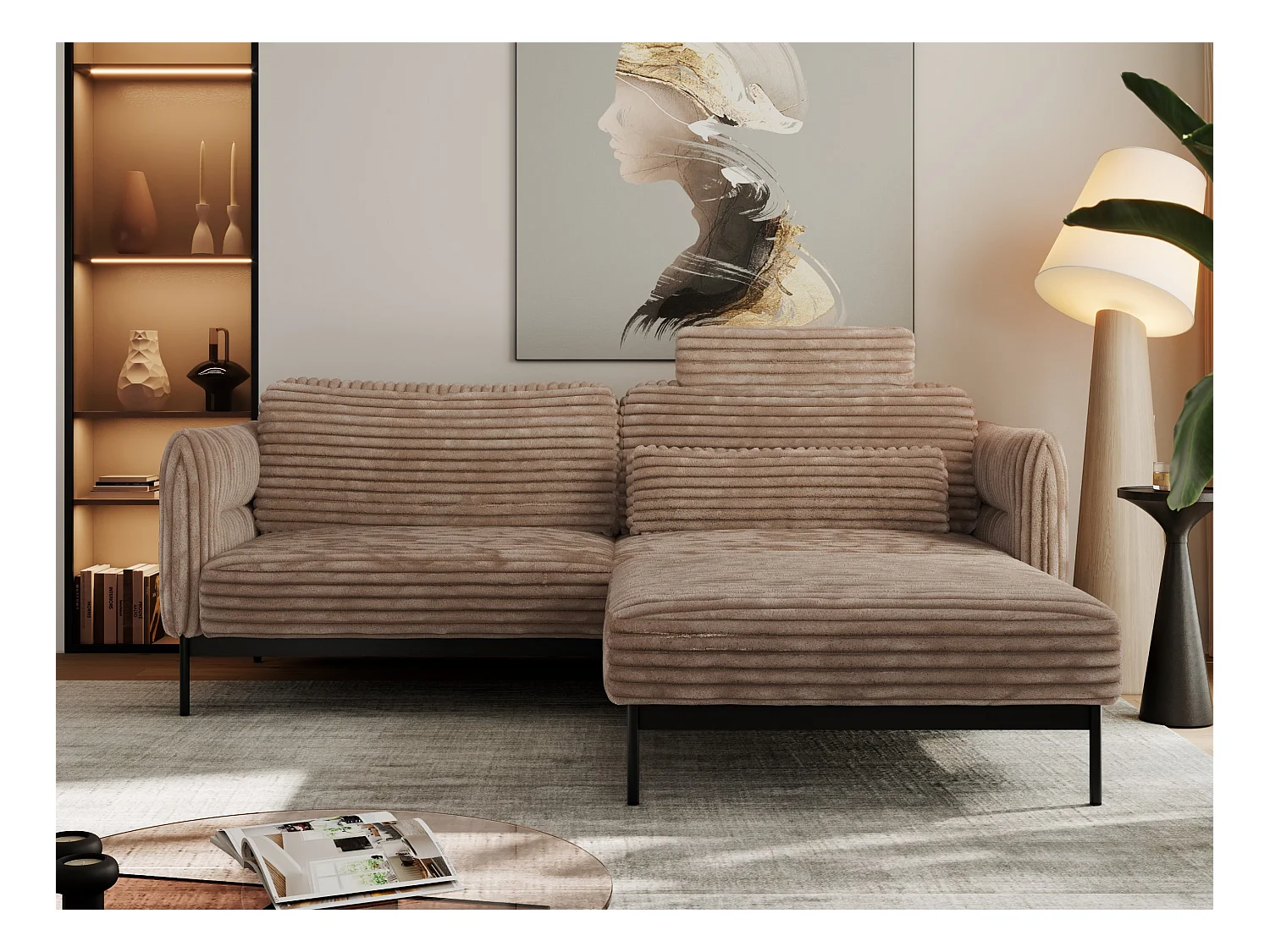 Ecksofa SALENTO - mit Metallbeine, Schlafsofa, mobilen Fußhocker, lose Kissen - Braun Cord