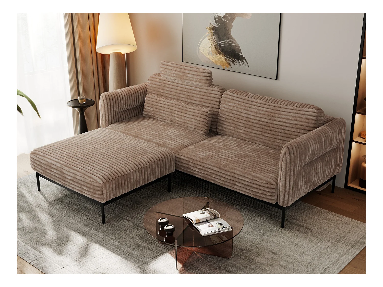 Ecksofa SALENTO - mit Metallbeine, Schlafsofa, mobilen Fußhocker, lose Kissen - Braun Cord